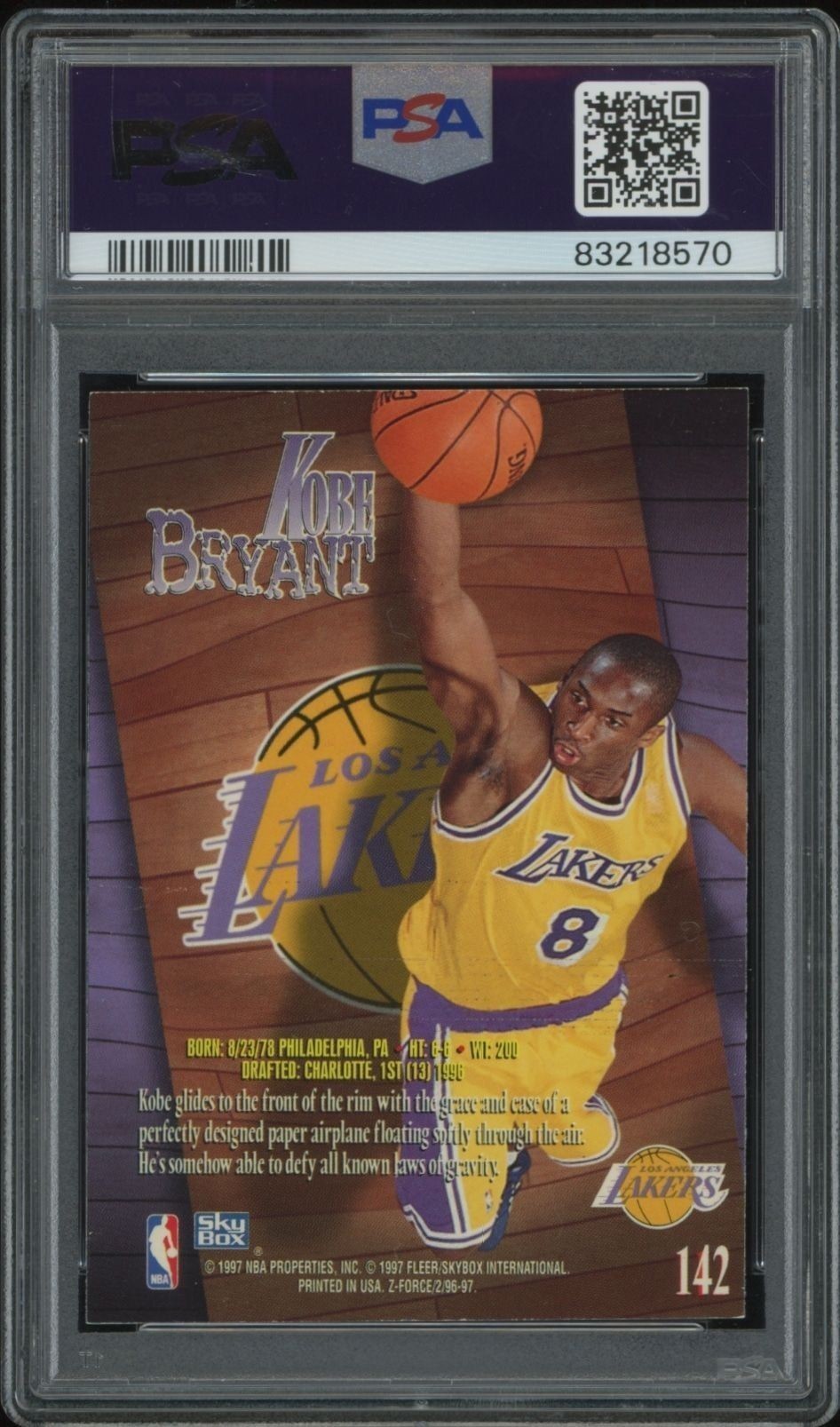1996-97 Skybox Z-force Kobe Bryant #142 basketball trading card back