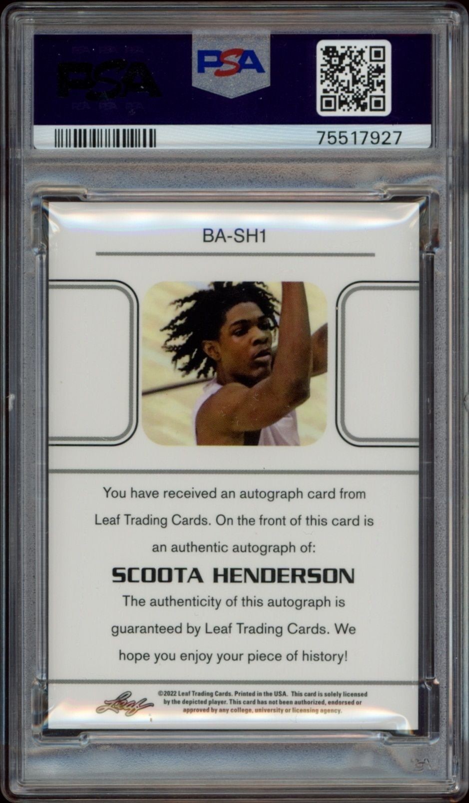 2021-22 Leaf Memories Scoota Henderson #BA-SH1 basketball trading card back