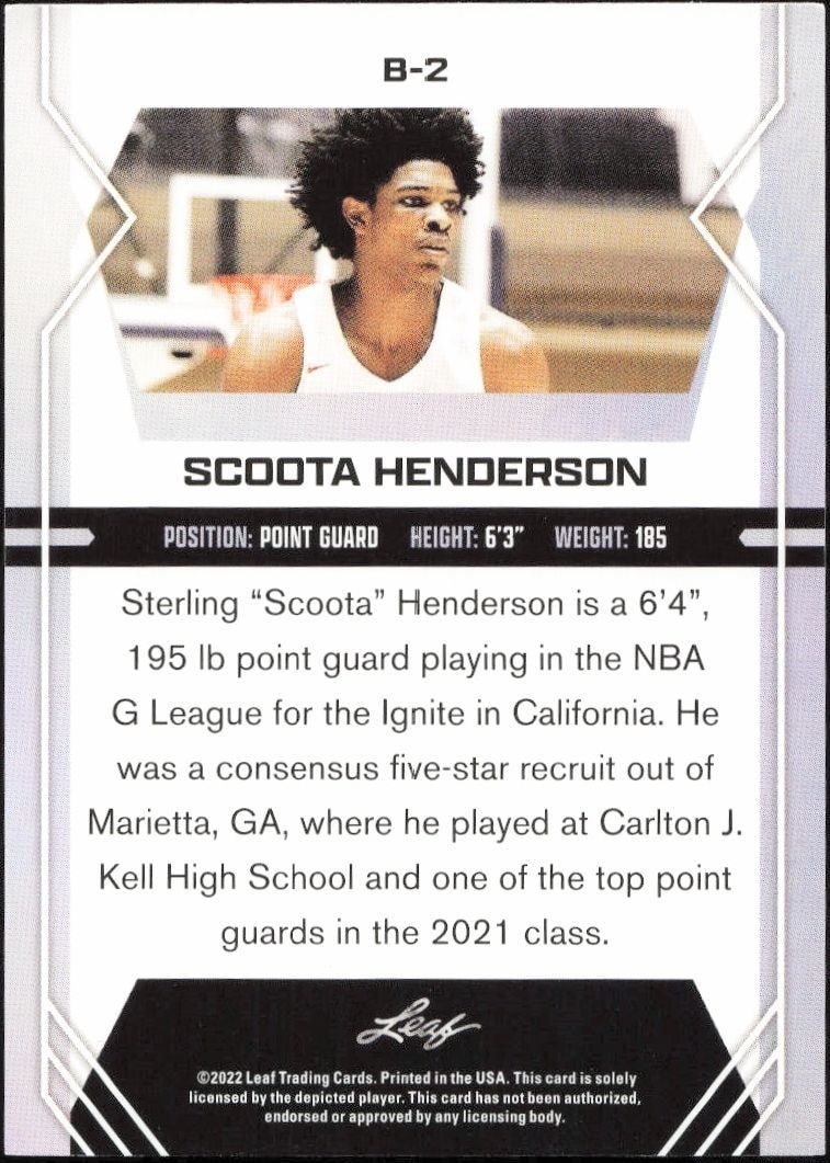 2022-23 Leaf Draft Scoot Henderson #B-2 basketball trading card back
