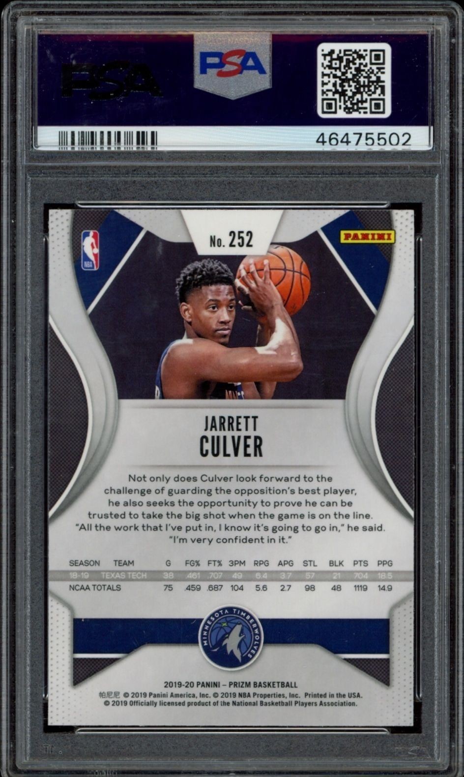 2019-20 Panini Prizm Jarrett Culver #252 basketball trading card back