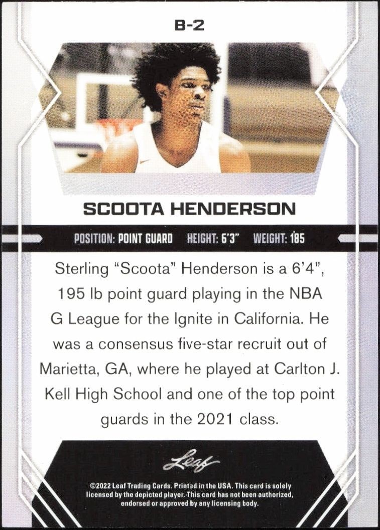 2022-23 Leaf Draft Scoot Henderson #B-2 basketball trading card back