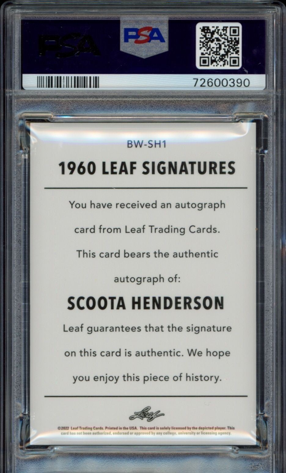 2021-22 Leaf Memories Scoota Henderson #BW-SH1 basketball trading card back