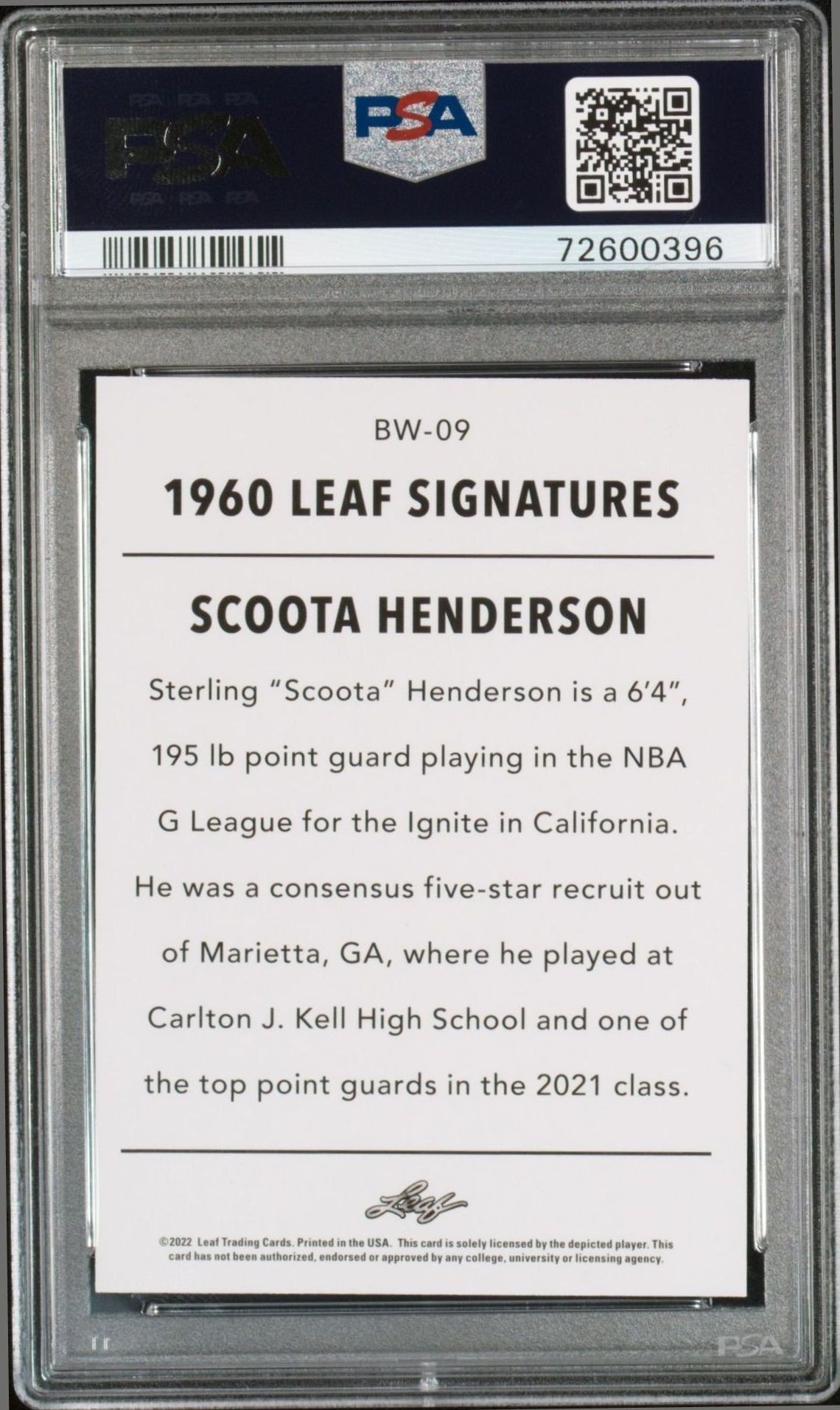2022-23 Leaf National Convention Scoot Henderson #BW-09 basketball trading card back
