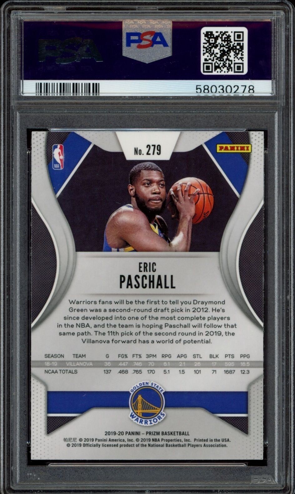 2019-20 Panini Prizm Eric Paschall #279 basketball trading card back