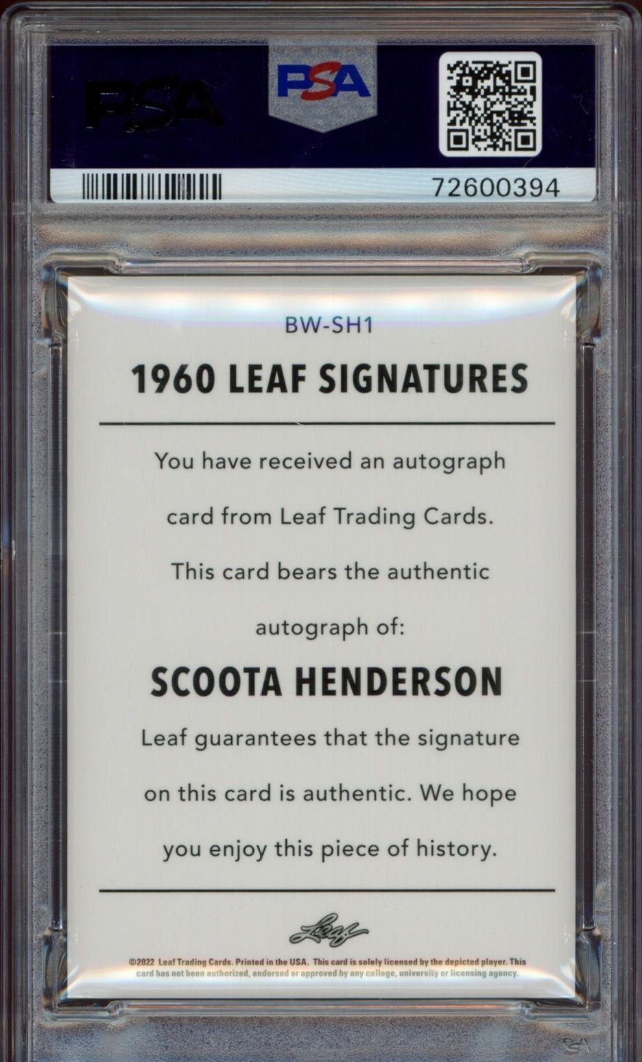 2021-22 Leaf Memories Scoota Henderson #BW-SH1 basketball trading card back