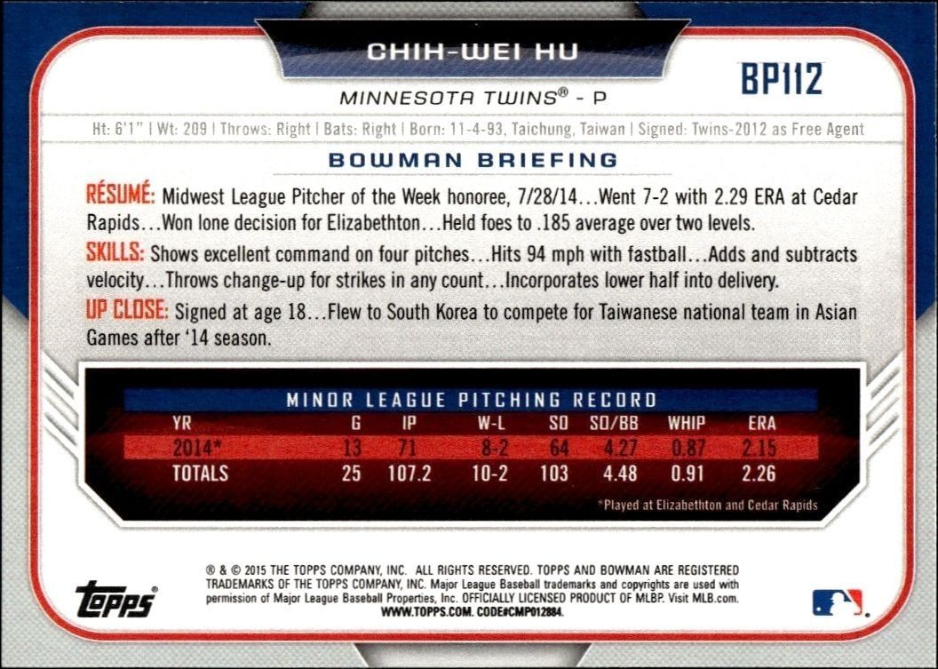 2015 Bowman Draft Chih-Wei Hu #BP112 baseball trading card back