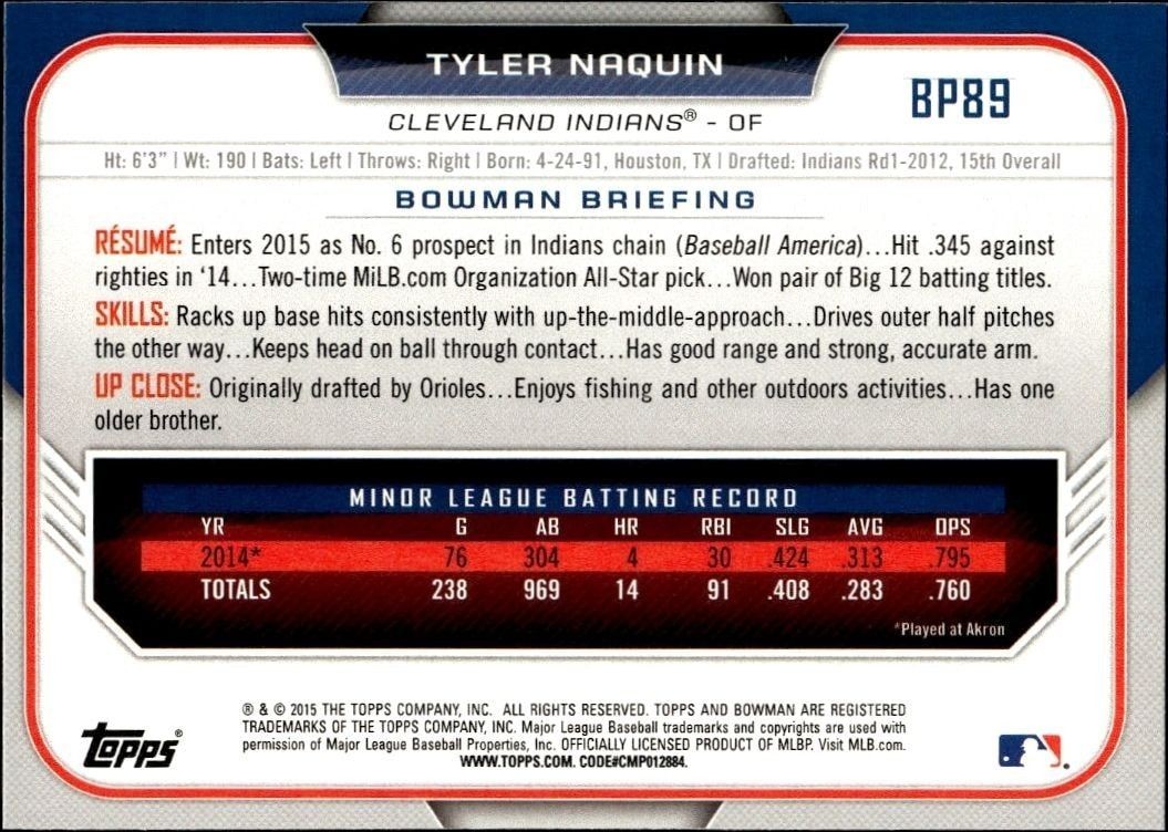 2015 Bowman Draft Tyler Naquin #BP89 baseball trading card back