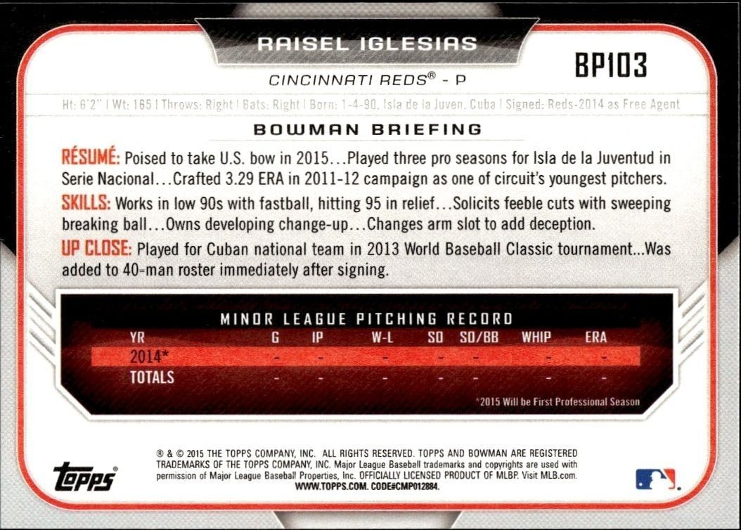 2015 Bowman Draft Raisel Iglesias #BP103 baseball trading card back