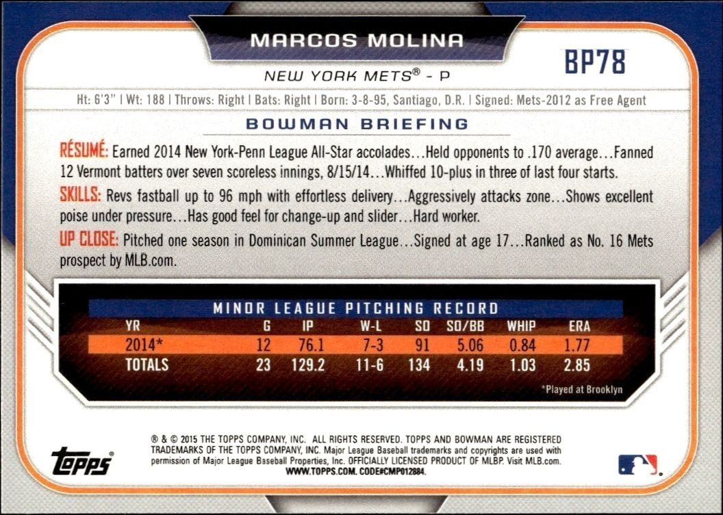 2015 Bowman Draft Marcos Molina #BP78 baseball trading card back