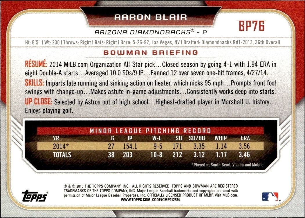 2015 Bowman Draft Aaron Blair #BP76 baseball trading card back