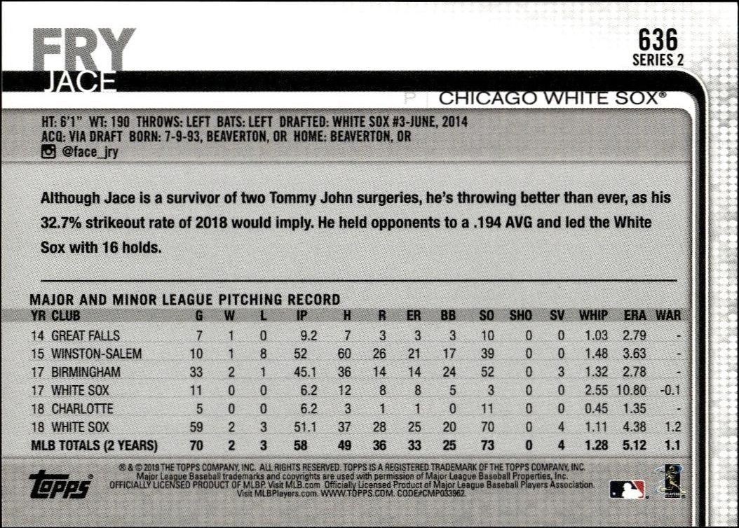 2019 Topps Series 2 Jace Fry #636 baseball trading card back