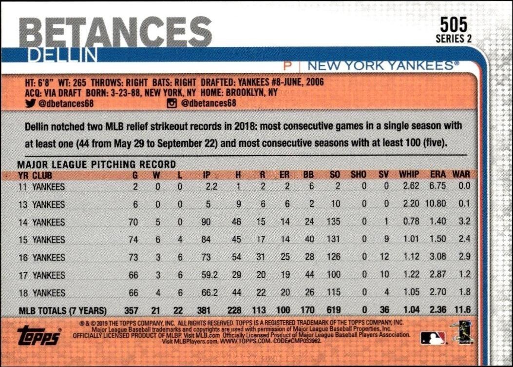 2019 Topps Series 2 Dellin Betances #505 baseball trading card back