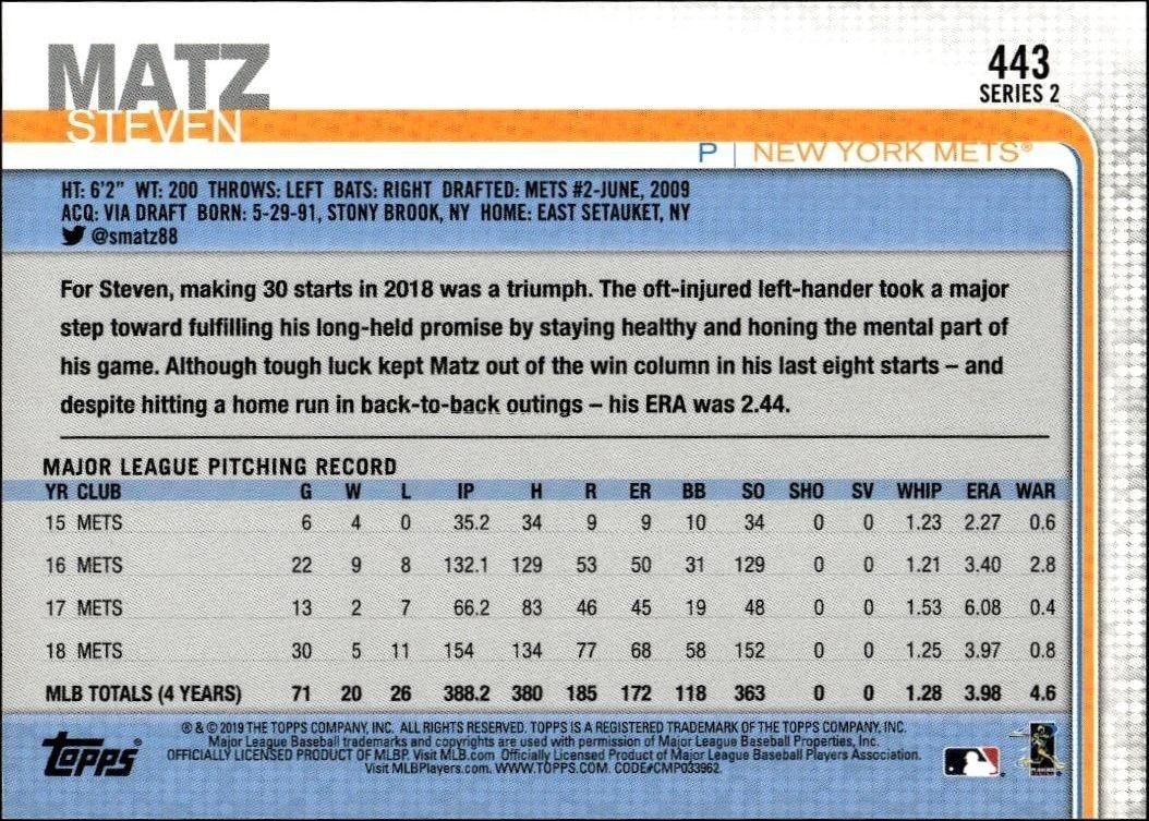 2019 Topps Series 2 Steven Matz #443 baseball trading card back