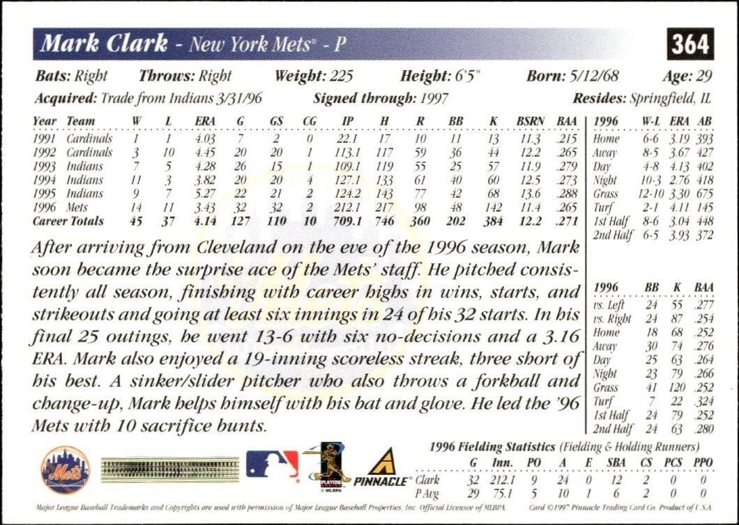 1997 Pinnacle Score Mark Clark #364 baseball trading card back