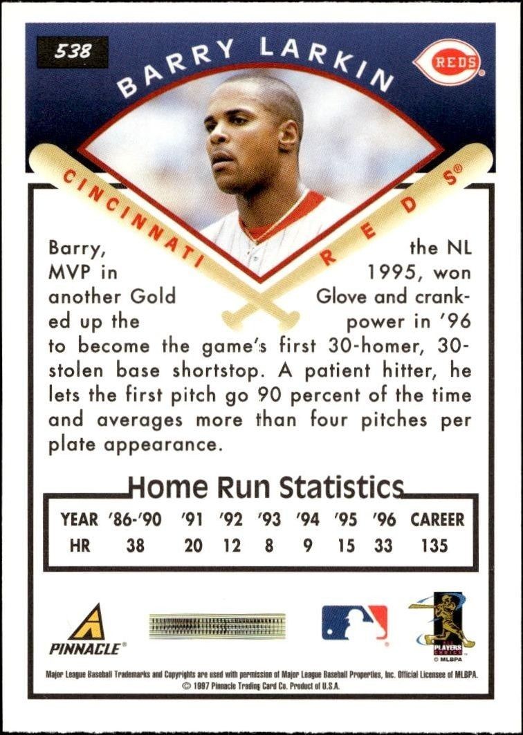 1997 Pinnacle Score Barry Larkin #538 baseball trading card back