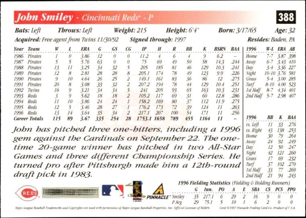 1997 Pinnacle Score John Smiley #388 baseball trading card back