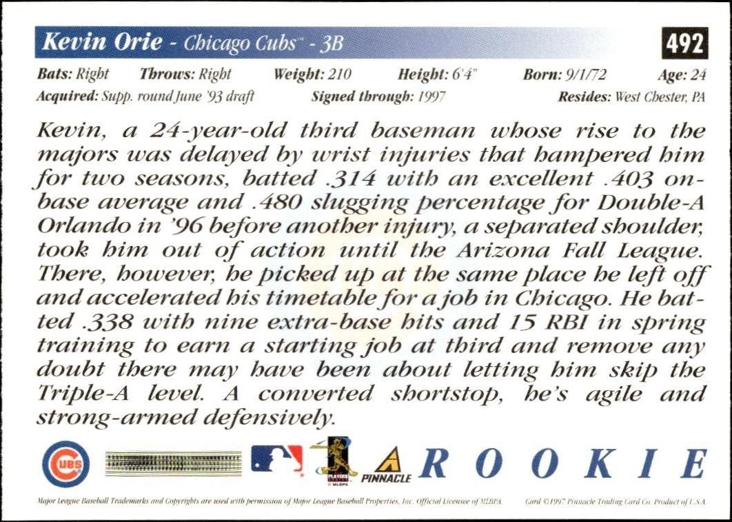 1997 Pinnacle Score Kevin Orie #492 baseball trading card back
