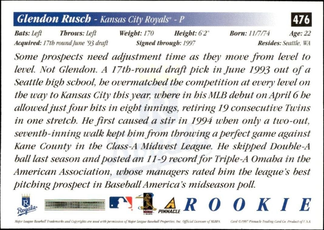 1997 Pinnacle Score Glendon Rusch #476 baseball trading card back