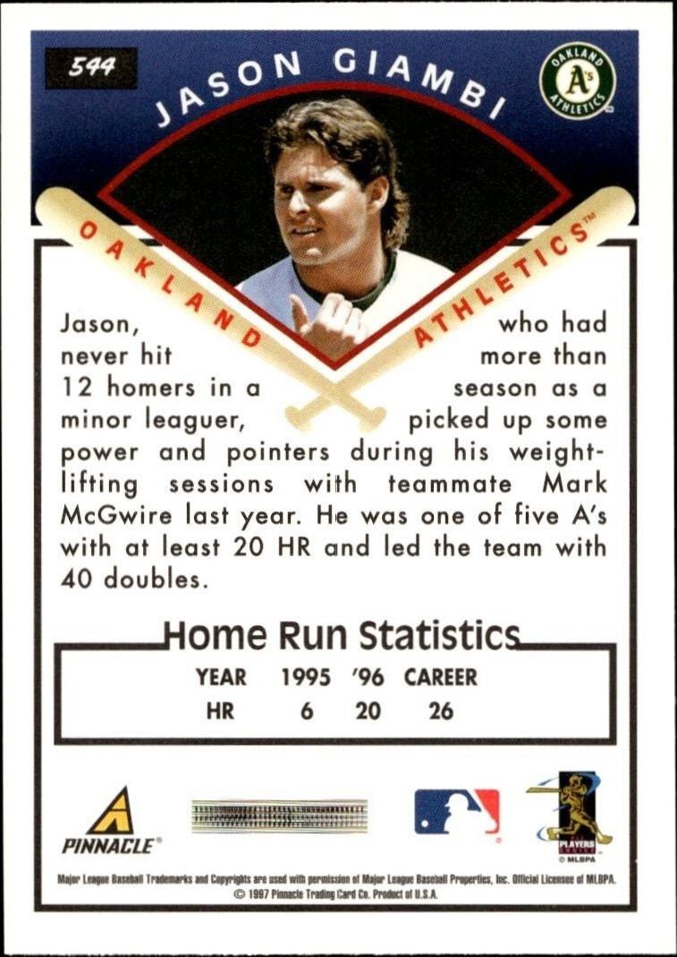 1997 Pinnacle Score Jason Giambi #544 baseball trading card back