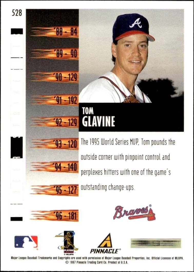 1997 Pinnacle Score Tom Glavine #528 baseball trading card back