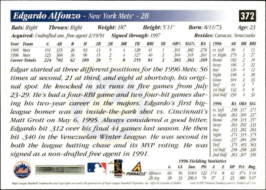 1997 Pinnacle Score Edgardo Alfonzo #372 baseball trading card back