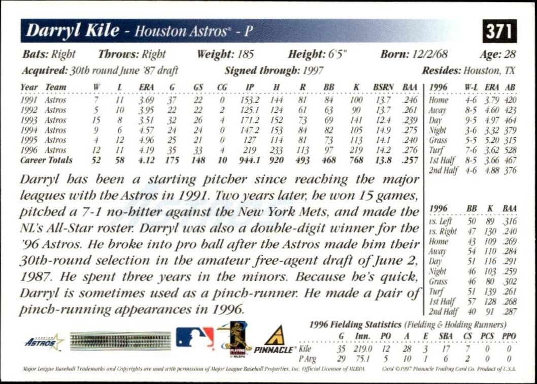 1997 Pinnacle Score Darryl Kile #371 baseball trading card back