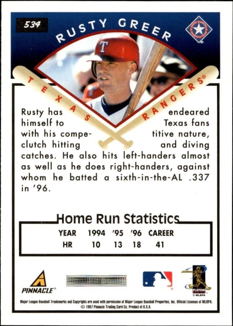 1997 Pinnacle Score Rusty Greer #534 baseball trading card back