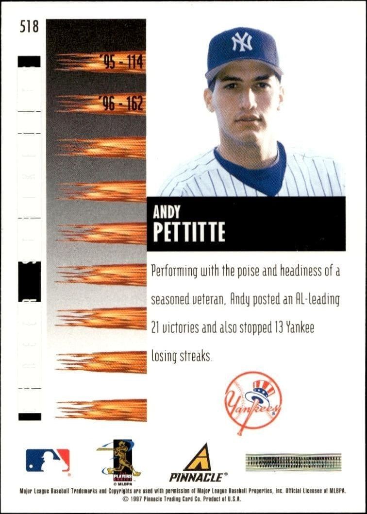 1997 Pinnacle Score Andy Pettitte #518 baseball trading card back