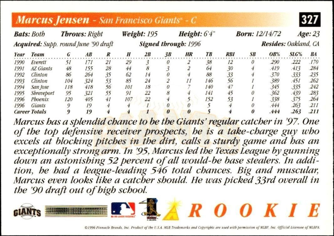 1997 Pinnacle Score Marcus Jensen #327 baseball trading card back