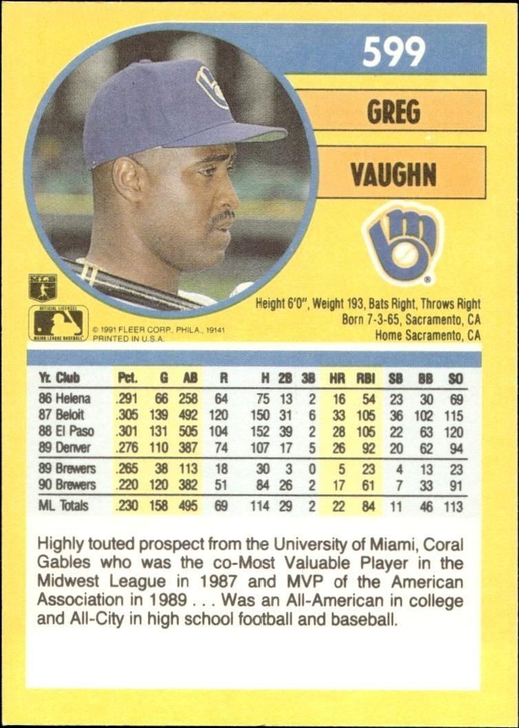 1991 Fleer Greg Vaughn #599 baseball trading card back
