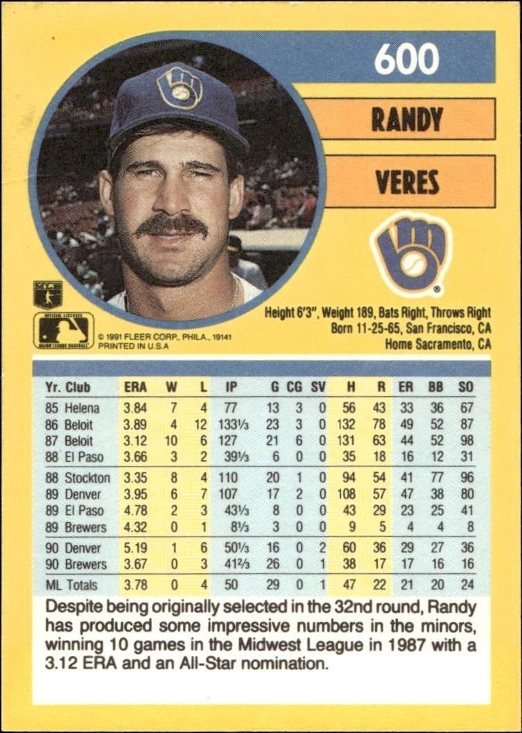 1991 Fleer Randy Veres #600 baseball trading card back