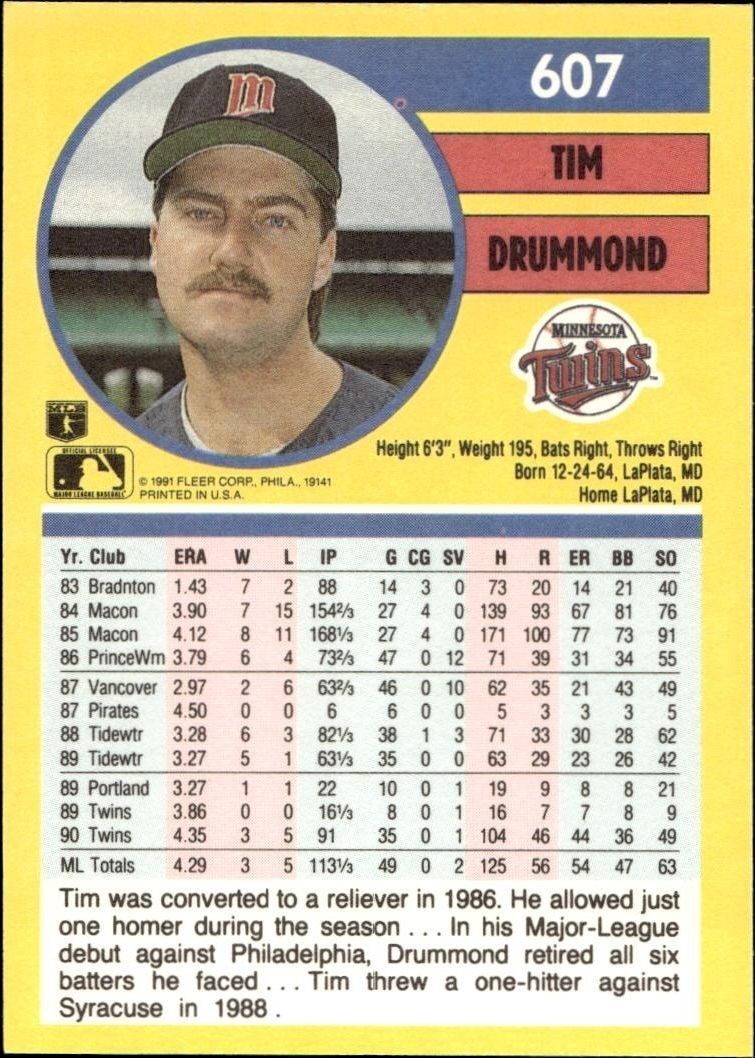 1991 Fleer Tim Drummond #607 baseball trading card back