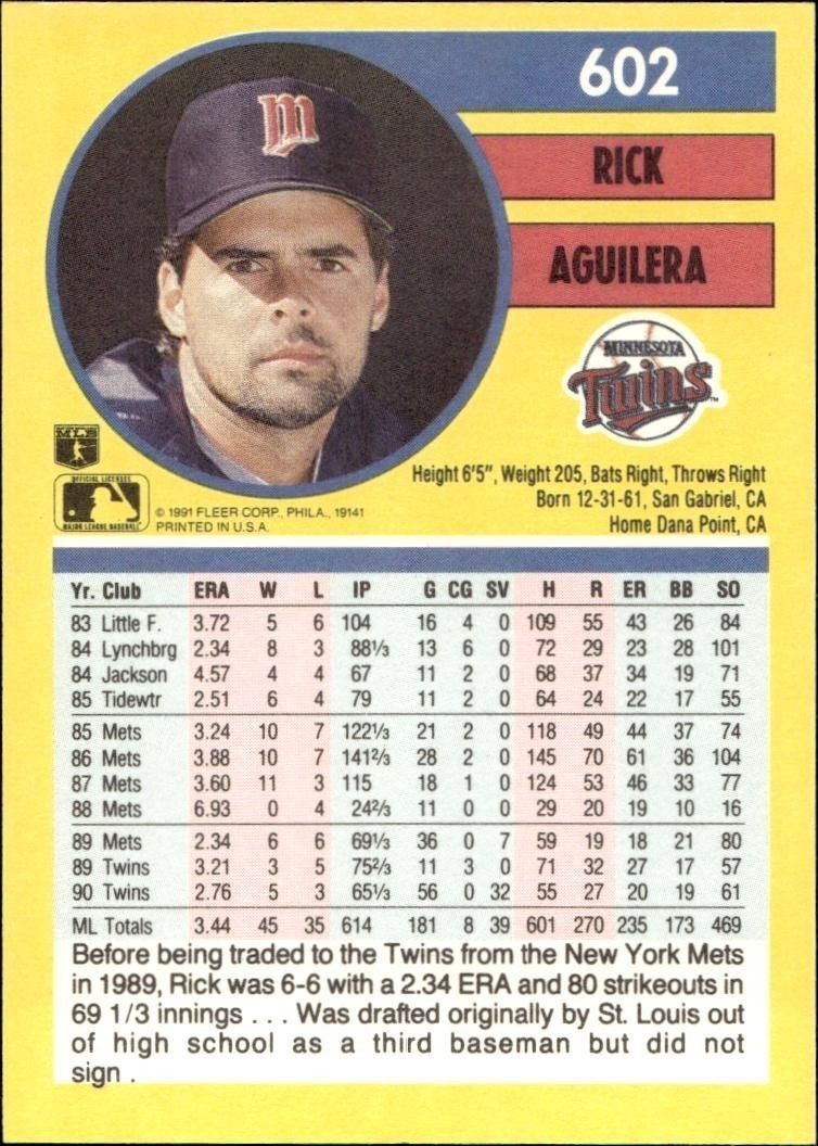 1991 Fleer Rick Aguilera #602 baseball trading card back