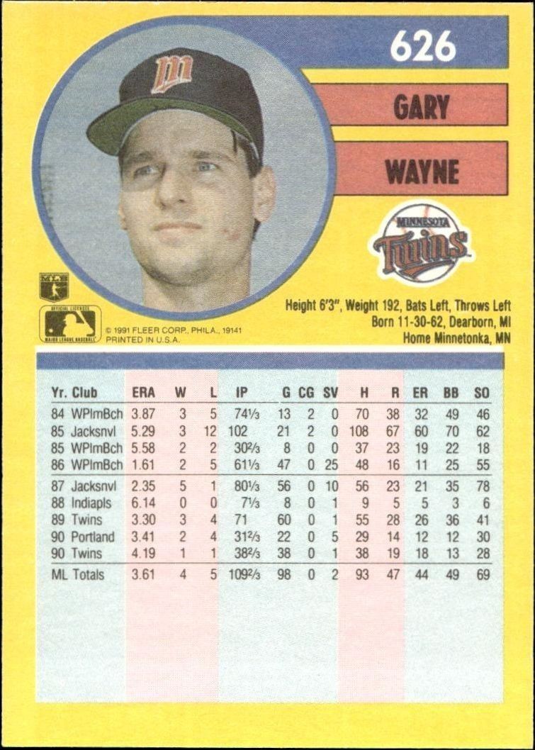 1991 Fleer Gary Wayne #626 baseball trading card back