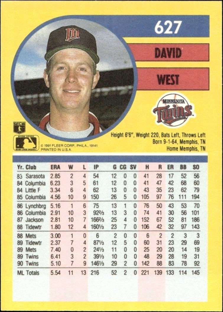 1991 Fleer David West #627 baseball trading card back