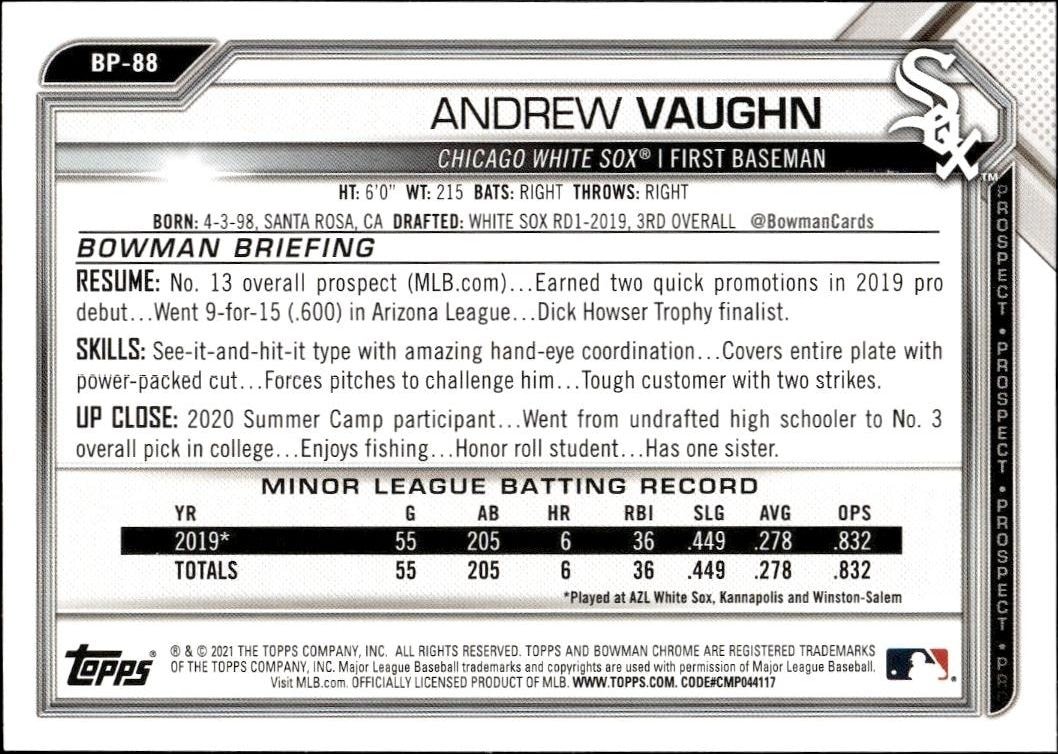 2021 Bowman Andrew Vaughn #BP-88 baseball trading card back