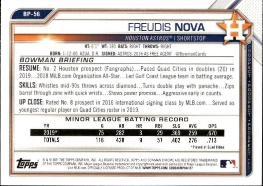 2021 Bowman Freudis Nova #BP-56 baseball trading card back