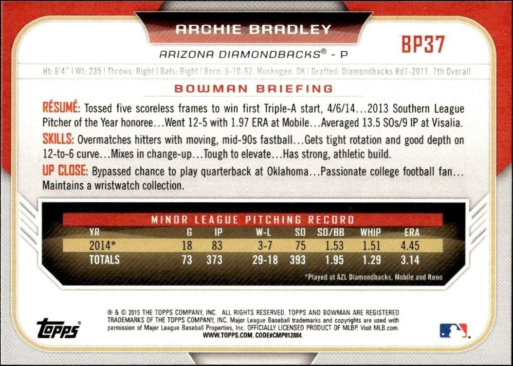 2015 Bowman Draft Archie Bradley #BP37 baseball trading card back