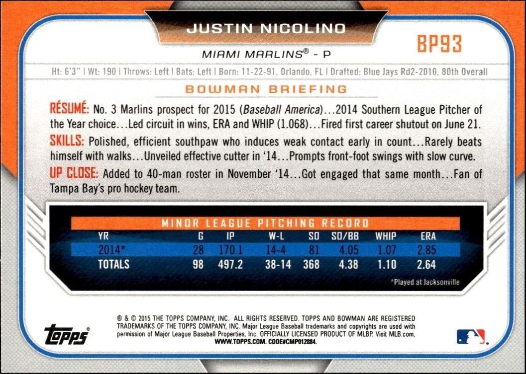 2015 Bowman Draft Justin Nicolino #BP93 baseball trading card back