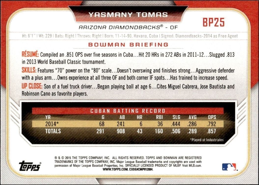 2015 Bowman Draft Yasmany Tomas #BP25 baseball trading card back