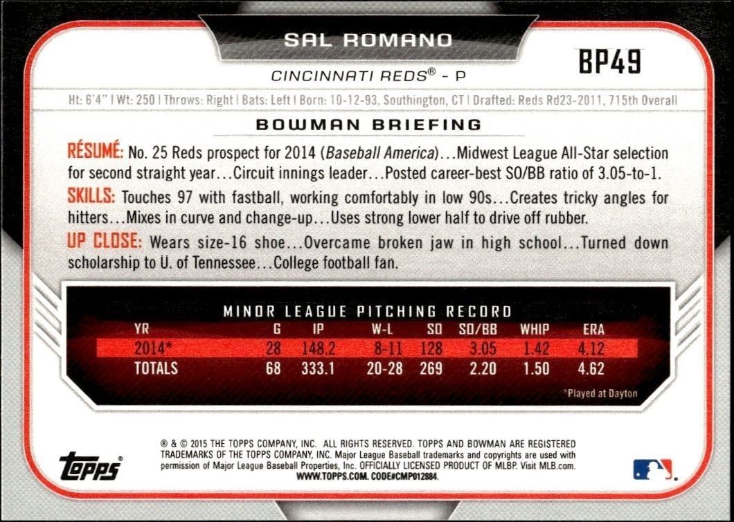 2015 Bowman Draft Sal Romano #BP49 baseball trading card back
