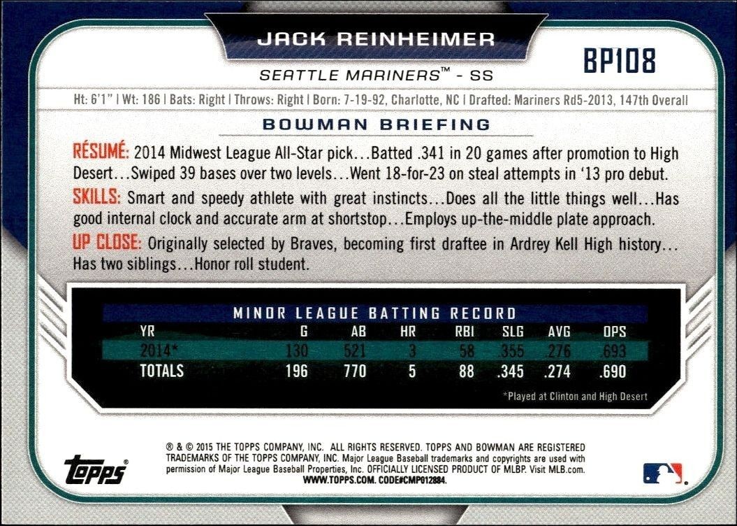 2015 Bowman Draft Jack Reinheimer #BP108 baseball trading card back