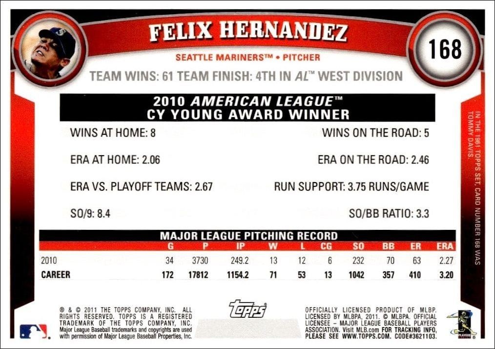 2011 Topps Felix Hernandez #168 baseball trading card back