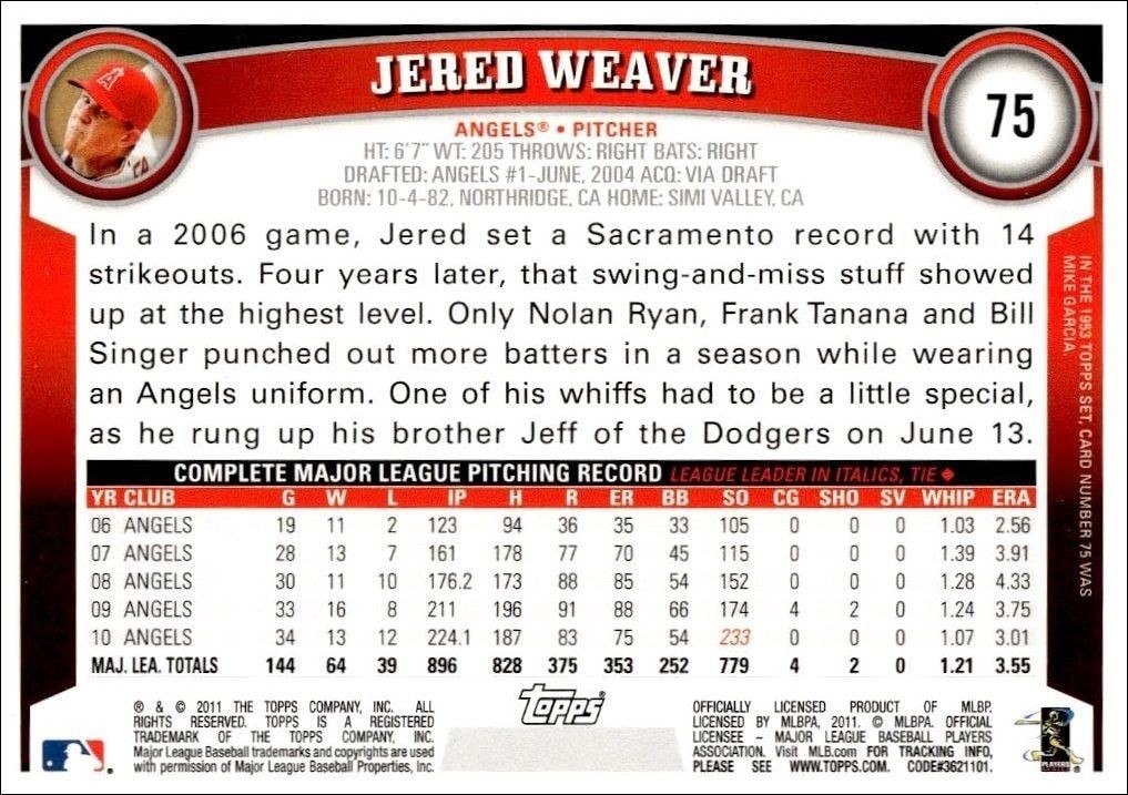 2011 Topps Jered Weaver #75 baseball trading card back