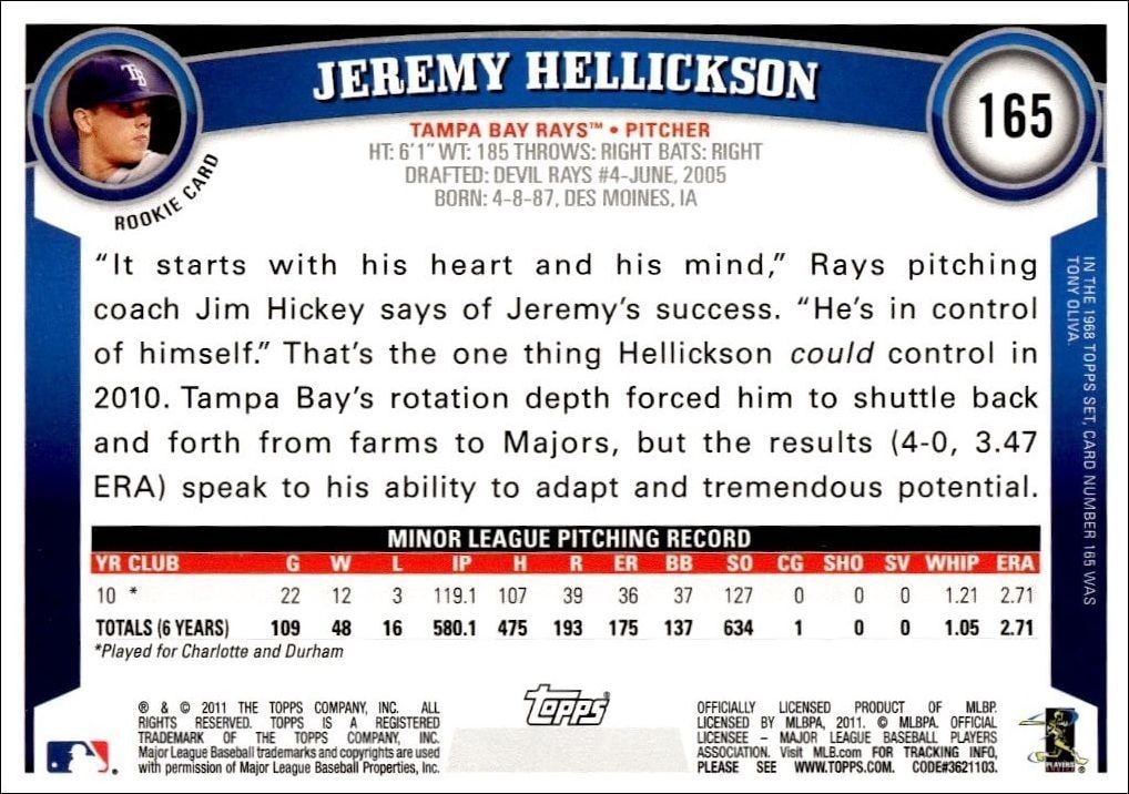 2011 Topps Jeremy Hellickson #165 baseball trading card back