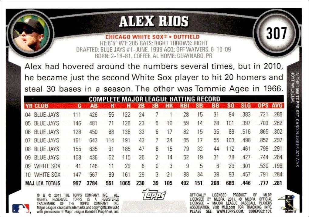 2011 Topps Alex Rios #307 baseball trading card back
