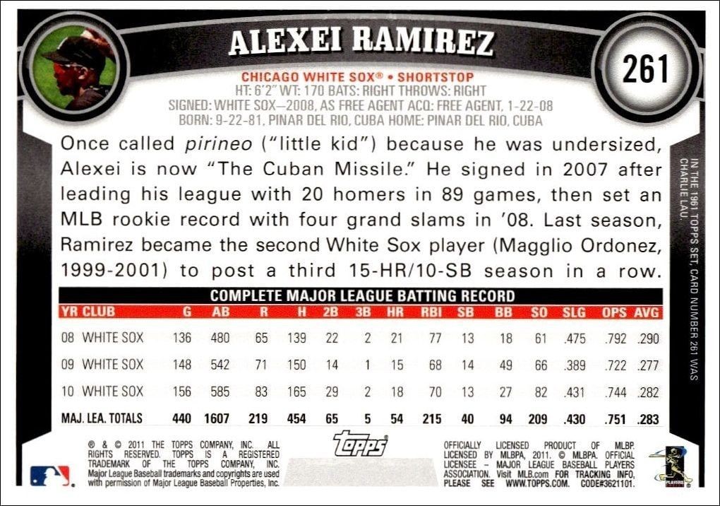 2011 Topps Alexei Ramirez #261 baseball trading card back