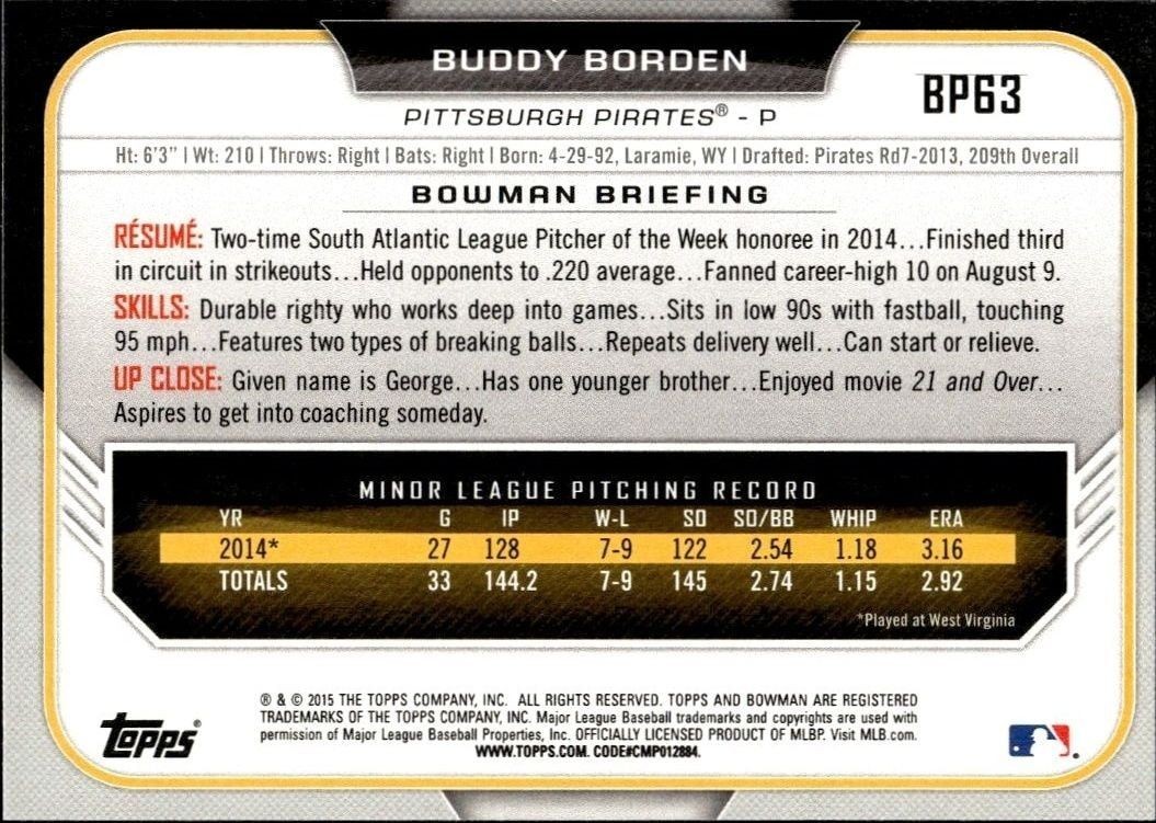 2015 Bowman Draft Buddy Borden #BP63 baseball trading card back