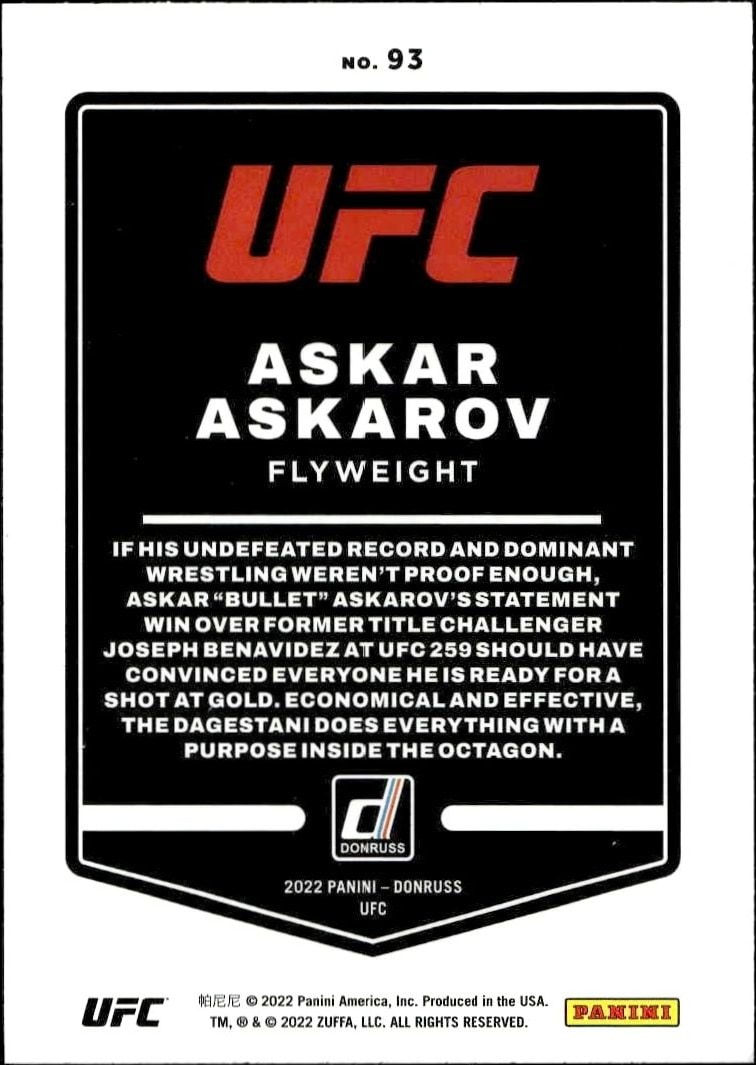 2022 Donruss Ufc Askar Askarov #93 mma trading card back