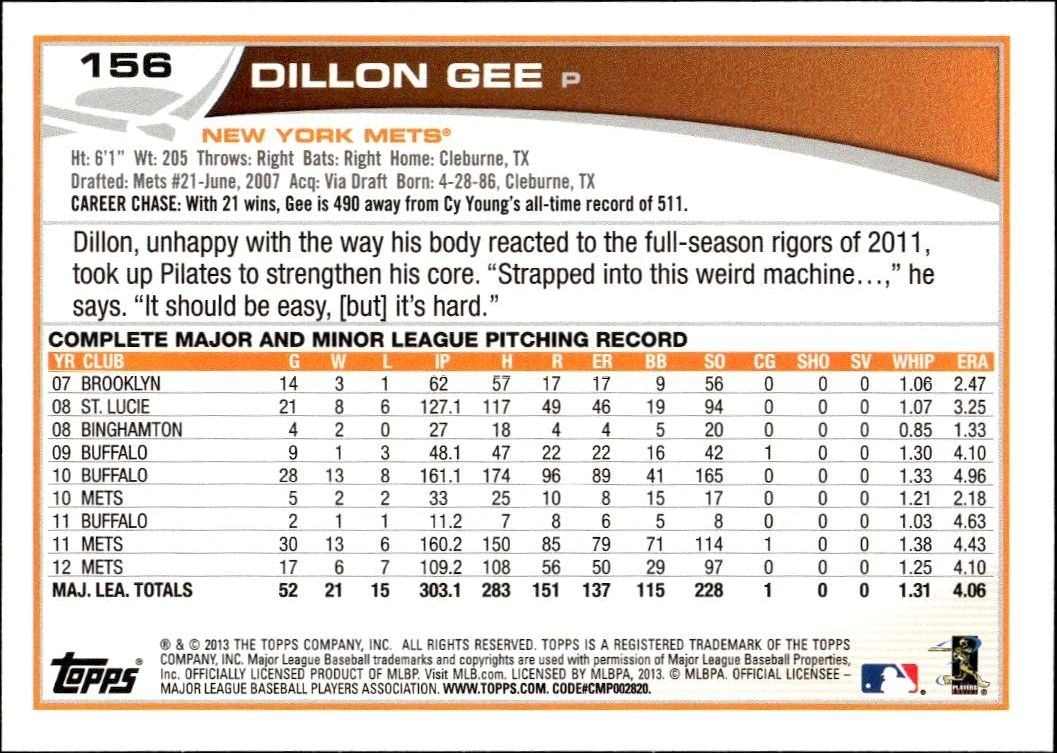 2013 Topps Dillon Gee #156 baseball trading card back